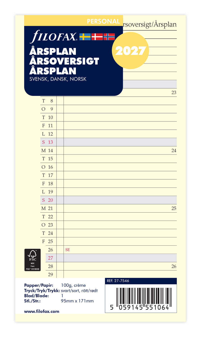 Filofax Personal Refill 2027 Årsplan