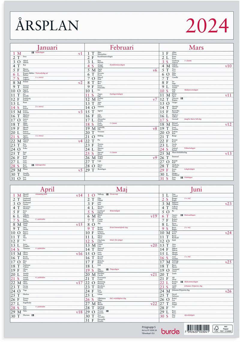 Väggkalender 2024 Årsplan